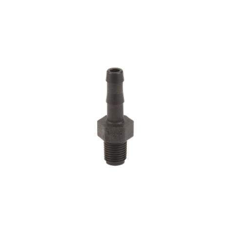 Black HB075 (G) plastic hose barb adapter with a threaded male end and hexagonal center nut for secure pipe connection.