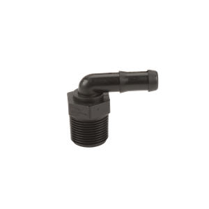 Black plastic 90-degree elbow hose barb fitting with a threaded male NPT base connector.