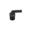 Black plastic 90-degree elbow hose barb fitting with a threaded male NPT base connector.