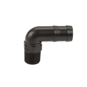 Black plastic 90-degree elbow fitting with a threaded male end and a barbed hose connection.