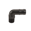 Black plastic 90-degree elbow fitting with a threaded male end and a barbed hose connection.