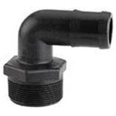 Black plastic 90-degree elbow pipe fitting with a threaded male end and a barbed hose connection.