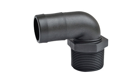 Black plastic 90-degree elbow pipe fitting with a barbed hose connection and a threaded male end.