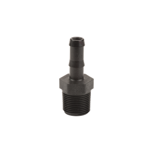 Black plastic HB100-075 hose barb adapter with a threaded male end and a single-barbed connector for tubing.
