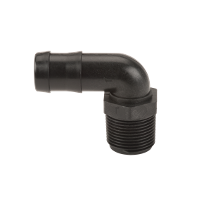 Black plastic 90-degree elbow pipe fitting with a barbed hose connection and threaded male end.