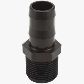 Black plastic HB100 (G) hose barb adapter with a threaded male end and a hexagonal nut center for secure installation.