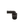 Black plastic 90-degree elbow fitting with a barbed hose connection and a threaded male end.