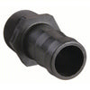 Black plastic male pipe thread adapter with a barbed hose fitting and hexagonal nut center.