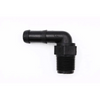 Black plastic 90-degree elbow hose barb fitting with a 1/2-inch threaded male connection on a white background.
