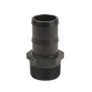 Black plastic HB150 barbed adapter with a male threaded end and a hexagonal nut base for secure plumbing connections.