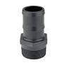 Black HB150(G) poly hose barb adapter with a threaded male end and ribbed connection point for secure tubing attachment.