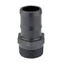 Black plastic male adapter fitting with a barbed hose end and threaded base for plumbing connections.