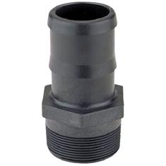 Black HB200 (G) plastic hose barb adapter with a threaded male end and hexagonal nut for secure pipe connection.