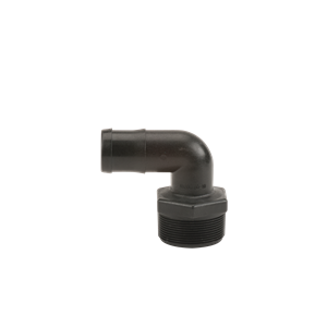 Black plastic 90-degree elbow fitting with a barbed hose connection and a threaded male base.