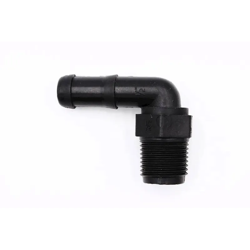 Black plastic 90-degree elbow hose barb fitting with 1/2-inch male NPT threaded connection.