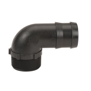 Black plastic 90-degree elbow hose barb fitting with a male threaded end for plumbing and industrial fluid systems.