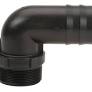 Black plastic 90-degree elbow pipe fitting with a threaded male connector and ribbed hose barb end.