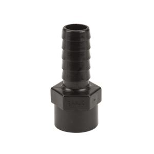 Black Banjo HBF100 polypropylene hose barb fitting with a hexagonal nut base and ribbed connector.