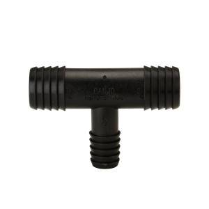 Black plastic Banjo T-shaped hose barb fitting with 3/4 inch and 1/2 inch connections.