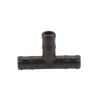 Black plastic T-shaped barbed irrigation fitting for 3/4 inch tubing on a white background.