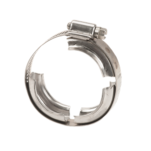 Stainless steel HDFC300 heavy-duty worm gear hose clamp with a secure screw-tightening mechanism.