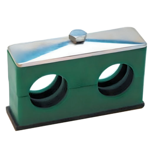 Green double tube clamp with a smooth metal top plate and two circular openings for secure industrial pipe mounting.