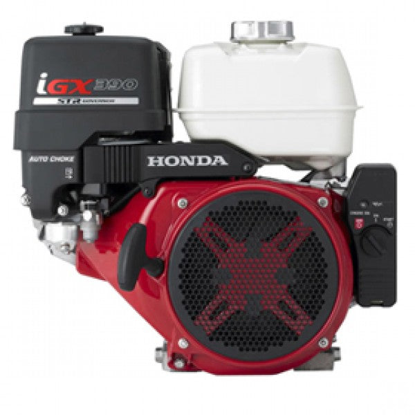 Honda iGX390 engine with a red metal housing, black air cleaner, white fuel tank, and integrated electronic control unit.