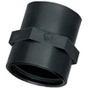 Black plastic J3412P pipe coupling with a central hexagonal grip and embossed Spartan helmet logo.