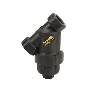 Banjo LS150-50 black plastic Y-line strainer with threaded ports and a removable filter cap for industrial fluid systems.