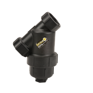 Black Banjo LS200-50 Y-strainer with a durable plastic body and threaded inlet and outlet ports.