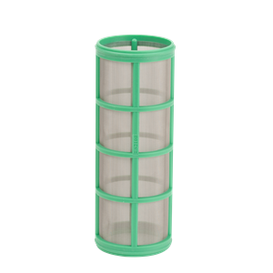 LS2100 cylindrical filter with a green plastic frame and fine stainless steel mesh screen.