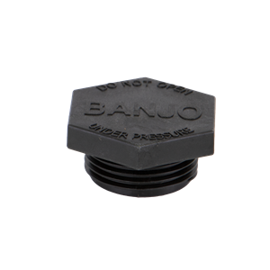 Black hexagonal Banjo plastic pipe plug with threaded base and Do Not Open Under Pressure warning text.