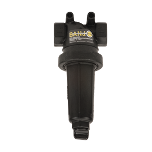 Banjo LST100-50 black plastic line strainer with threaded ports and a durable cylindrical filter housing.