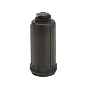 Black LST100-B cylindrical plastic filter housing with a hexagonal top cap and vertical ribbed design.
