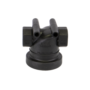 Black Banjo LST100-H polypropylene T-strainer with clearly marked inlet and outlet ports for fluid filtration systems.