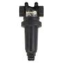 LST10050 black plastic irrigation disc filter with threaded inlet and outlet ports for water filtration.