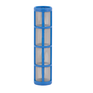 LST150 cylindrical replacement filter with a blue plastic frame and fine stainless steel mesh screen.
