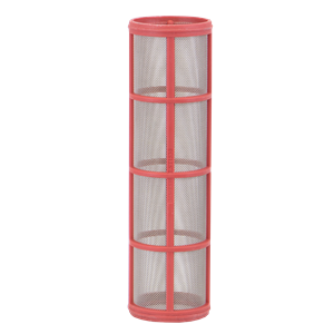 Cylindrical LST1530 filter with a red plastic frame and fine stainless steel mesh screen for industrial filtration.