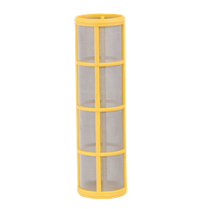 Cylindrical LST1580 filter with a yellow plastic frame and fine stainless steel mesh screen.