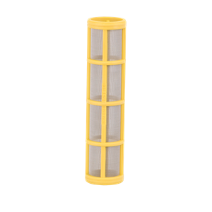 Cylindrical LST180 filter with a yellow plastic frame and fine stainless steel mesh screen for industrial fluid filtration.