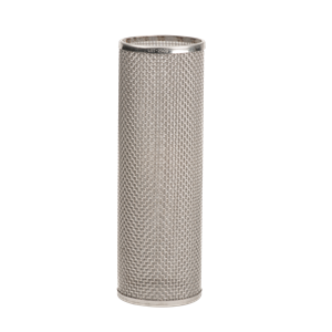 Cylindrical LST250SS stainless steel mesh filter element with a fine woven wire screen and reinforced metal end caps.