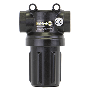Black Banjo LSTM050-80 line strainer with a durable plastic housing, threaded ports, and top mounting eyelets.