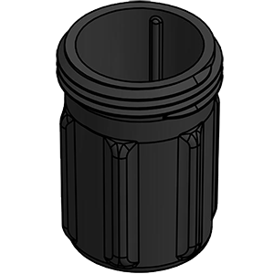 Black cylindrical LSTM050B plastic component with vertical ribbed exterior and threaded top rim.
