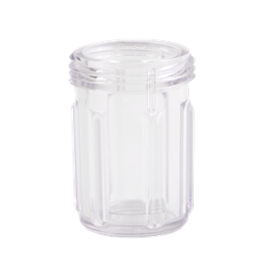 Clear cylindrical plastic filter housing with threaded top and vertical ribbed design for LSTM050BC.