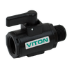 Black plastic LV025MTV ball valve with a lever handle and a green Viton seal label on a threaded body.