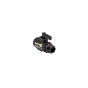 Banjo black polypropylene mini ball valve with threaded end and lever handle for flow control.