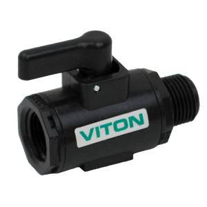 Black LV038MTV ball valve with a Viton seal, featuring a manual lever handle and threaded pipe connections.