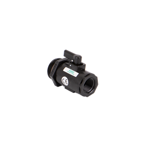 Black Banjo ball valve with threaded ends, lever handle, and FKM seal label on a white background.