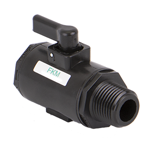Black plastic LV050MTV ball valve with a manual lever handle and a white FKM seal label on a threaded fitting.