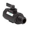 Black plastic LV050MTV ball valve with a manual lever handle and a white FKM seal label on a threaded fitting.